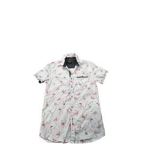 Company 81 Flamingo Print Mens Medium White & Pink Button-Up Shirt Rave Pocket